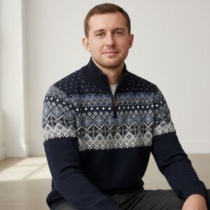 Porter & Ash Blue White Fair Isle Cotton  1/4 Zip High Neck Knit Sweater Size XL